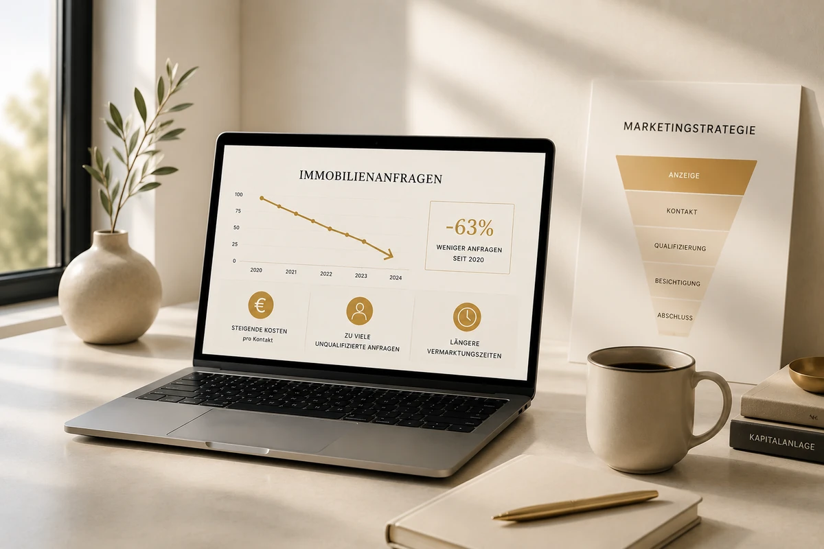 Laptop mit Diagramm zum Rückgang der Anfragen aus Immobilienportalen seit 2020, minus 63 Prozent