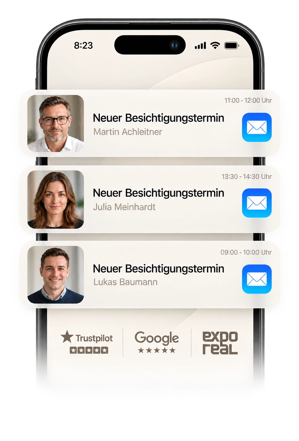 Smartphone mit eingehenden, qualifizierten Besichtigungsterminanfragen bei ImmoGlow Marketing