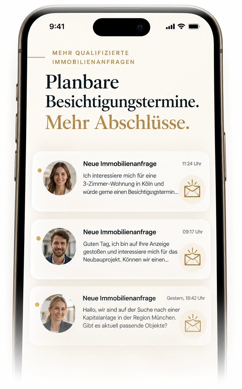 Smartphone-Ansicht mit eingehenden, qualifizierten Immobilienanfragen bei ImmoGlow Marketing